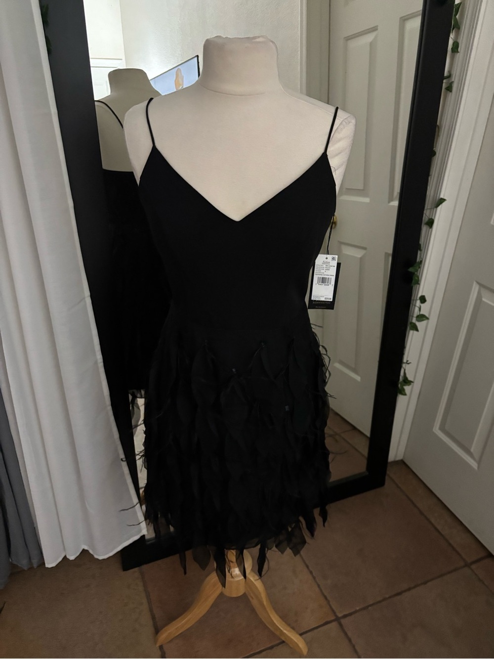 Aidan Mattox Black Spaghetti-Strap Mini Dress with Feathered Skirt